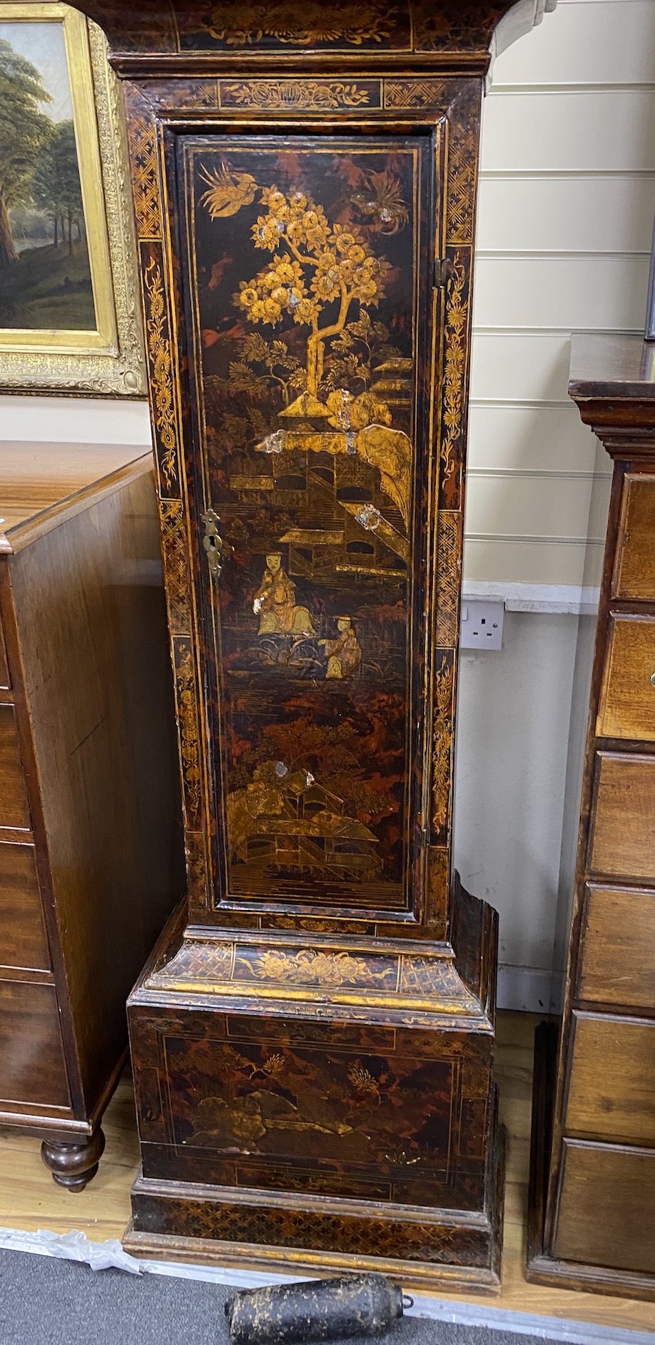 An 18th century chinoiserie lacquered longcase clock, height 219cm